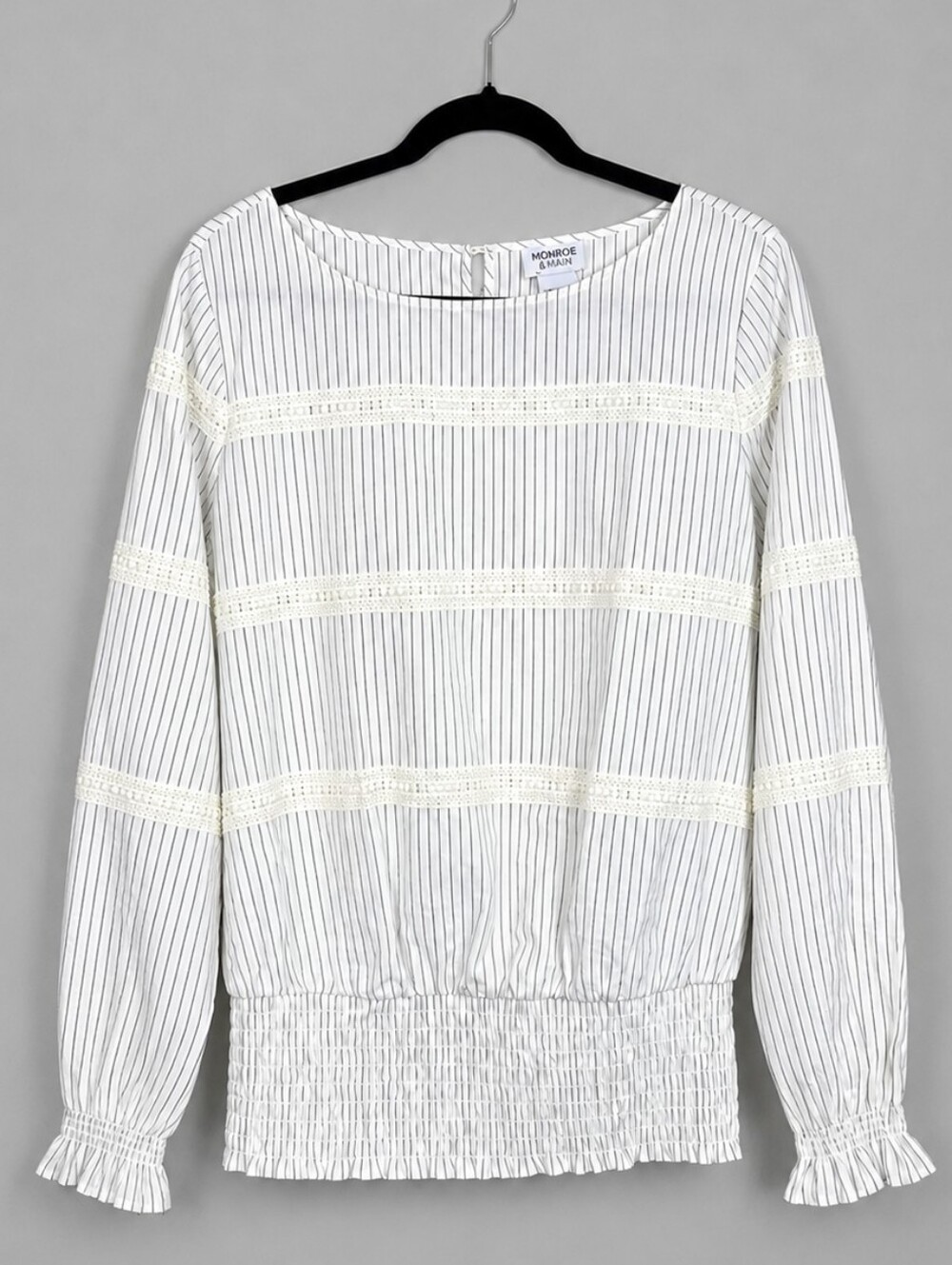 Monroe & Main L Cotton Pinstripe Lace Smocked Blouse Coastal Cottagecore Boho